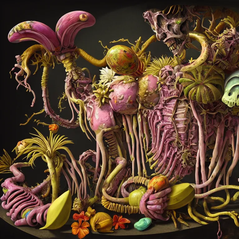 Prompt: still life of surreal alien pastel tropical flowers, rotten moldy colorful mold, dripping pastel paint, surreal alien ribbed tropical fruit, white human spine, ribs, muscle tissues, baroque painting, beautiful detailed intricate insanely detailed octane render, 8K artistic photography, photorealistic, chiaroscuro, Raphael, Caravaggio