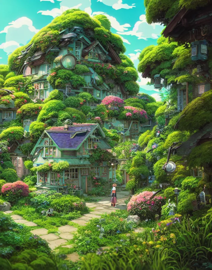 Prompt: STUDIO GHIBLI, flowery cottage, solarpunk, green technology, optimist future by Asher Durand. green fields, intricate artwork by Tooth Wu and wlop and beeple and dan mumford and greg rutkowski and nekroxiii. halo. octane render, cinematic, hyper realism, octane render, 8k, depth of field, bokeh. iridescent accents. vibrant.