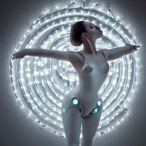 Image similar to beautiful centered fine art photo portrait of romantic beautiful girl as a solarpunk robotic humanoid, white mechanical parts with led lights, ballet style pose, photorealistic, white background, highly detailed and intricate, soft box lighting, hdr 8 k