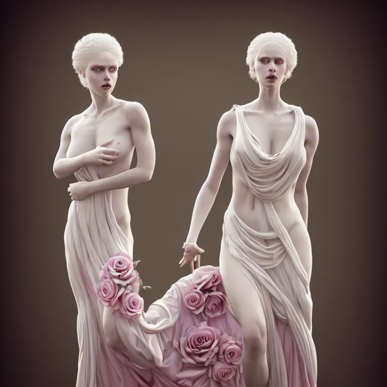 Prompt: neoclassical professional photorealistic closed detailed portrait of one wonderful symmetrical albino goddess with a beautiful porcelain body dressed with a majestic semi transparent silk pink and cream roses long dress, ornate, intricate, detailed, dramatic light, award winning, octane render, meredit frampton style