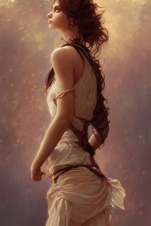 Image similar to portrait of a young teen model looking moved and touched, upper body, fantasy, intricate, elegant, highly detailed, digital painting, artstation, concept art, matte, sharp focus, illustration, art by Artgerm and Greg Rutkowski and Alphonse Mucha