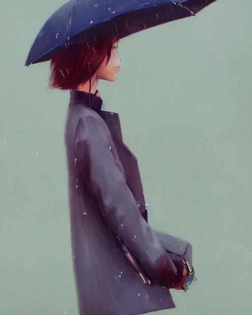 Prompt: an ultradetailed beautiful portrait painting of a stylish girl standing in the rain, side view, oil painting, by ilya kuvshinov, greg rutkowski and makoto shinkai
