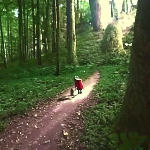 Prompt: bad quality screenshot of a leaked video of a small person dressed as gnome following me through a forest trail, night time, bright camera flash, camera shaking, realistic, ultrarealistic, 480p, scary