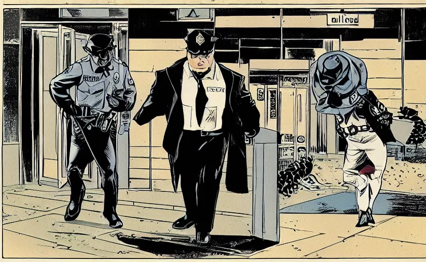 Prompt: a police officer leading a raccoon into the police station by howard chaykin