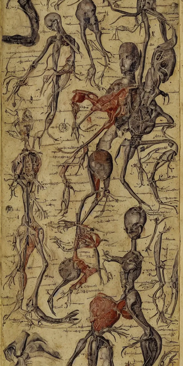 Prompt: an open page of the voynich manuscript, depicting a digital painting of human anatomy by da vinci, extremely detailed, professional, epic highlights, full colors