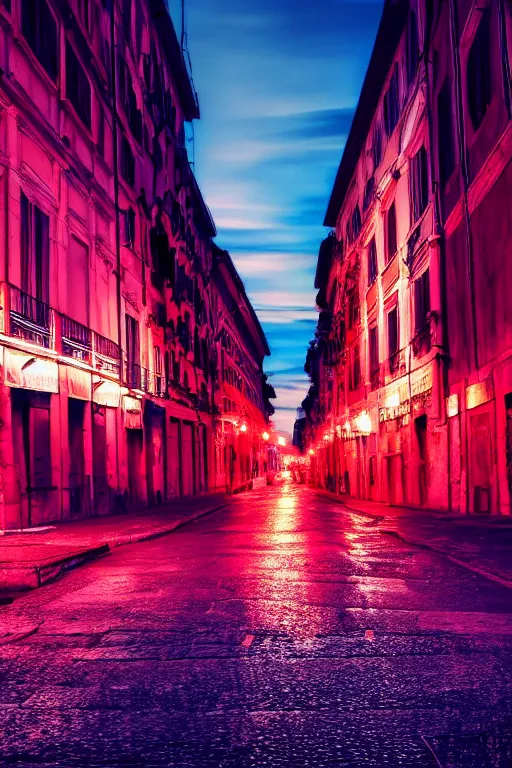 Image similar to neon streets of rome, 4 k, award winning photo, cyberpunk style