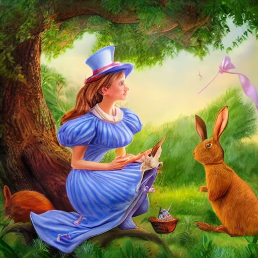 Image similar to alice from wonderland talking to a rabbit while sitting on top of a tree, realistic fantasy art in the style of enid blyton