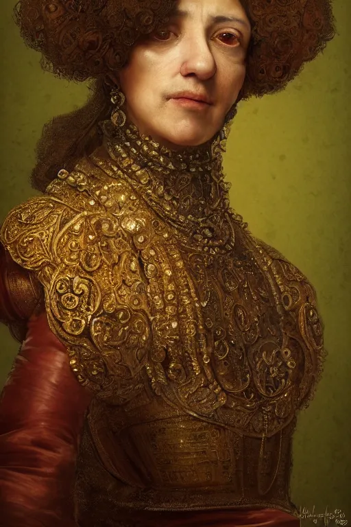 Prompt: portrait, headshot, digital painting, of a 17th century, beautiful, middle aged, middle eastern, wrinkles, decadent, cyborg noble woman, dark hair, amber jewels, baroque, ornate dark green opulent clothing, scifi, futuristic, realistic, hyperdetailed, concept art, chiaroscuro, side lighting, art by rembrandt