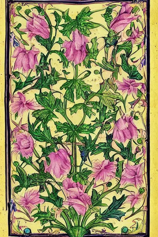 Prompt: vaporwave botanical medieval illuminated manuscript
