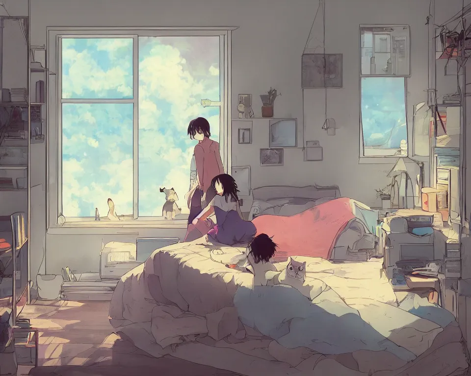 Image similar to beautiful illustration of one female and her cat in her small studio apartment, there is a window which looks out to a futuristic city at night, anime manga style, aesthetic, scene from the movie'your name ', makoto shinkai