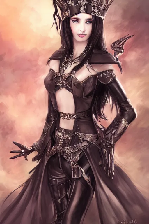 Prompt: young elf queen with long black hair, full body portrait, gorgeous, seductive, realistic, leather armor, leather gloves, digital art, high detail, lively, art by sakimi chan