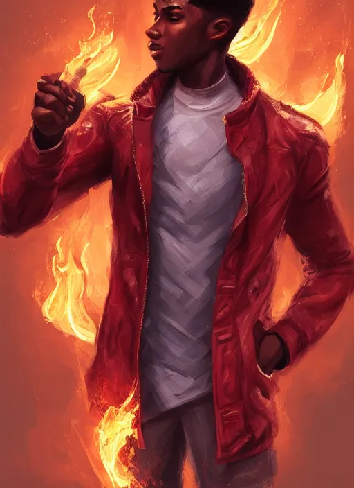 Image similar to a highly detailed illustration of attractive young african guy with flat top hair wearing red jacket, dramatic standing holding fire in hand pose, intricate, elegant, highly detailed, centered, digital painting, artstation, concept art, smooth, sharp focus, league of legends concept art, wlop