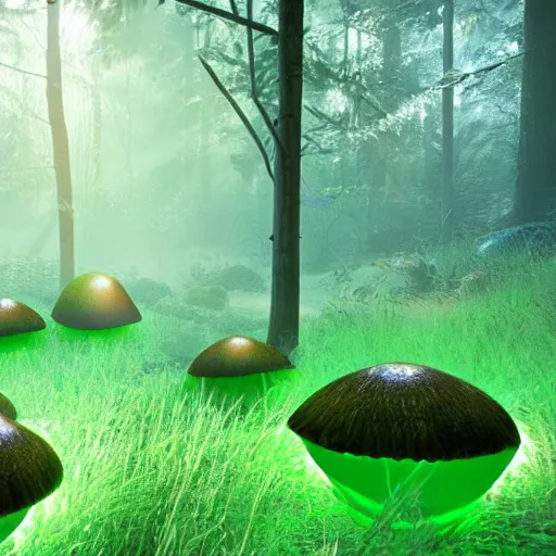 Image similar to glowing green jello mushrooms in a mystical forest, firefly trails, unreal engine