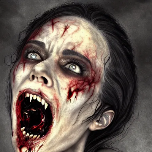 Image similar to color head portrait of lena headey screaming in agony as a zombie, 7 days to die zombie, gritty background, fine art, award winning, intricate, elegant, sharp focus, cinematic lighting, digital painting, 8 k concept art, art by michael hussar, art by brom, art by guweiz and z. w. gu, 8 k