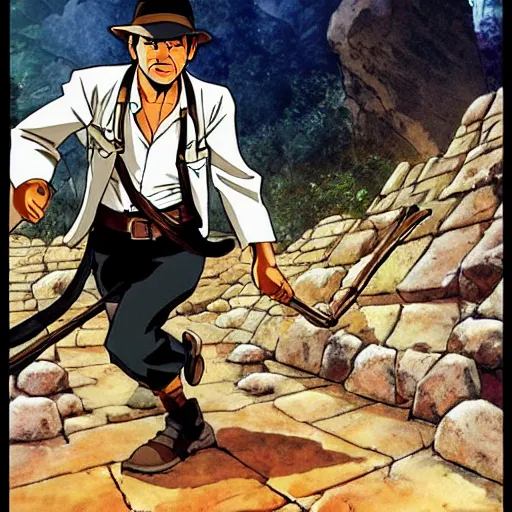 Image similar to Indiana Jones running away from boulder trap, raiders of the lost ark, anime style