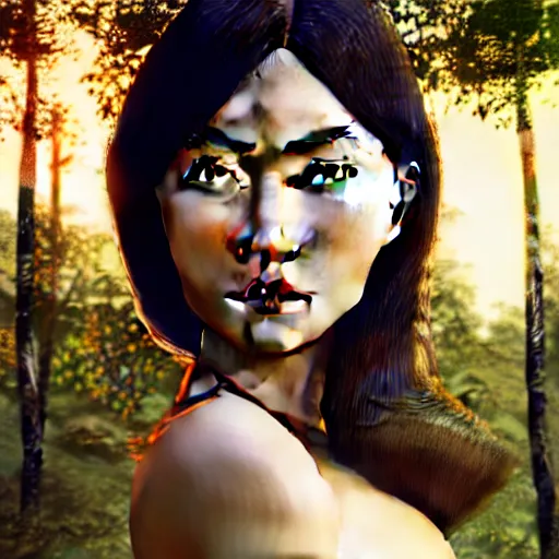 Image similar to innovative avant - garde art, deco fashion, asian women, highly detailed, photorealistic portrait, serene forest setting, golden hour, crisp quality and light reflections, octane render