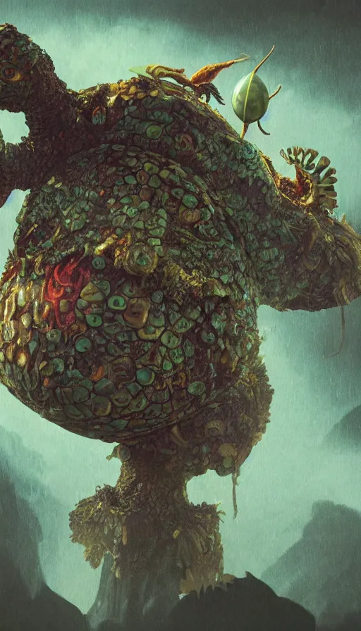 Prompt: a strange bird turtle giraffe chimera creature with scales feathers fins tusks mushrooms with other monsters on a lush fertile alien planet, in the style of shaun tan, sam shearon, dr seuss, leng jun, max ernst, close up, fantastic, wonderful, science fiction, dramatic studio lighting, atmospheric, national geographic, 3 d sculpture 8 k octane render