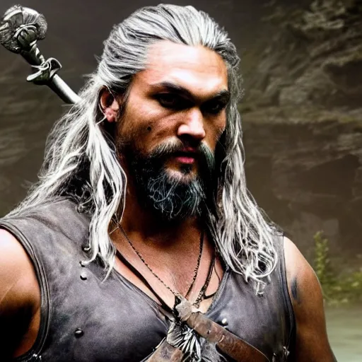 Prompt: Jason Momoa as Geralt of Rivia, from Witcher (2021), medium shot, high-quality photo,