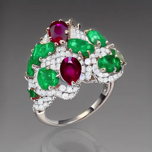 Image similar to stunning ring with 4 5 carat diamond, adorned with ruby, emerald, and sapphire, on wife finger