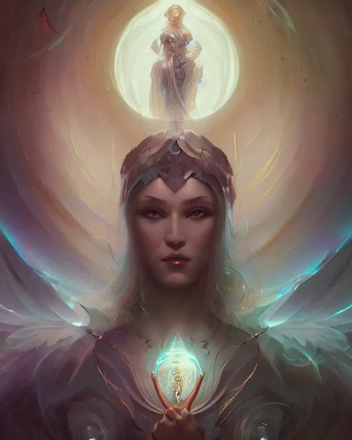 Image similar to portrait of a beautiful cybernetic emanation from the book \'angelarium\', by pete mohrbacher and artgerm and wlop, digital art, highly detailed, intricate, fantasy, mystical, Trending on Artstation HQ, deviantart, unreal engine, 4K UHD image