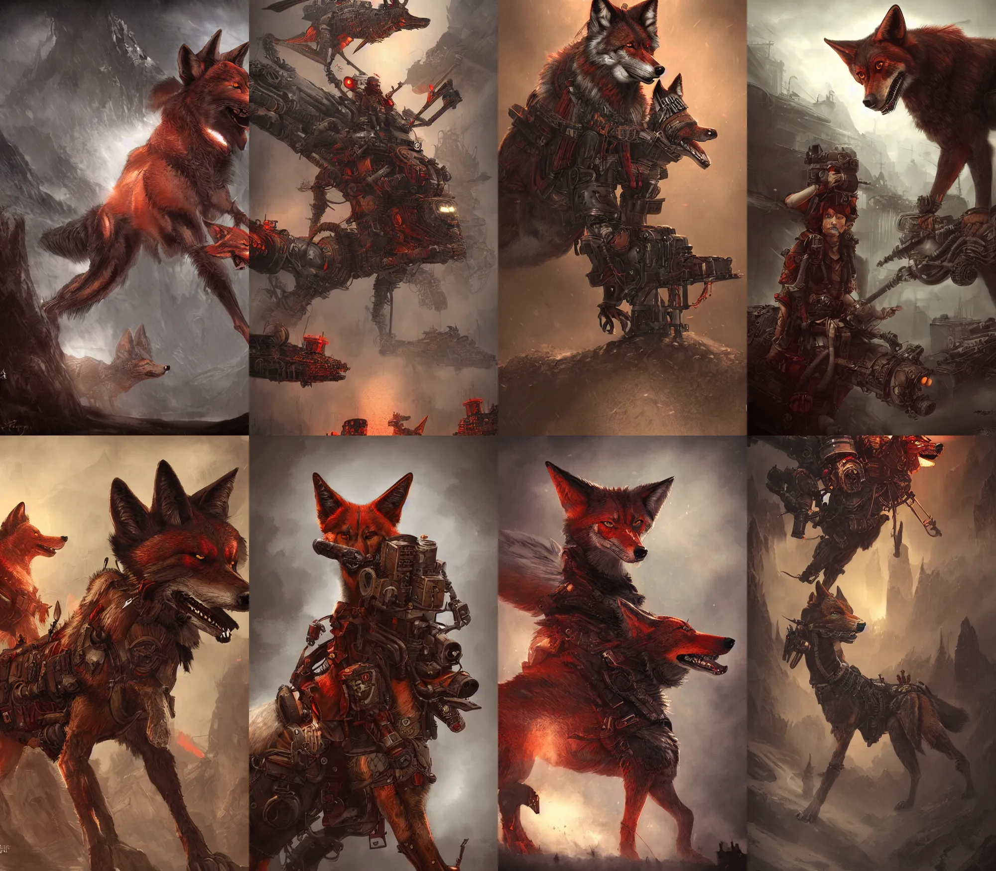 Prompt: dieselpunk red wolf, epic, cinematic, concept art, art station, highly detailed, fantasy, light