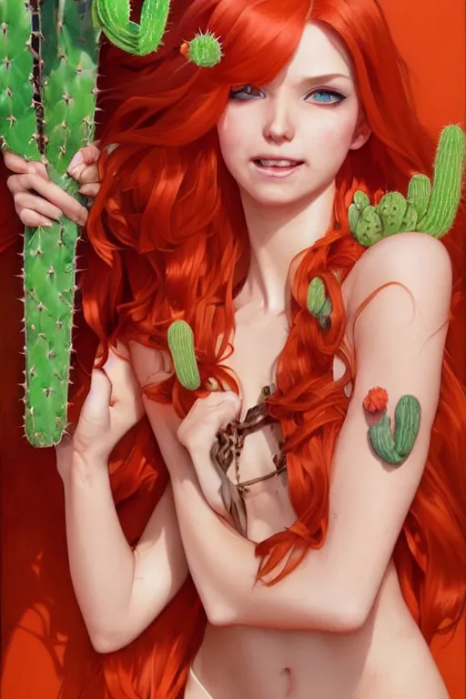 Image similar to Portrait of red-haired girl with fox ears and an evil grin in orange bikini holds a cactus artwork of a single character, highly detailed, digital painting, artstation, smooth, sharp focus, illustration, art by artgerm and greg rutkowski and alphonse mucha
