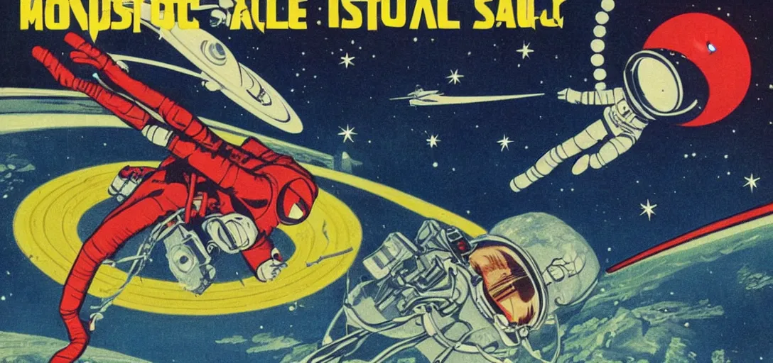 Image similar to astronaut riding on a monocycle on saturn ring, comic style, pulp magazine, vintage scifi, propaganda poster, space race, cold war