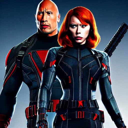 Prompt: dwayne the rock johnson as black widow, marvel, movie, photo, hyperdetailed, sharp focus,