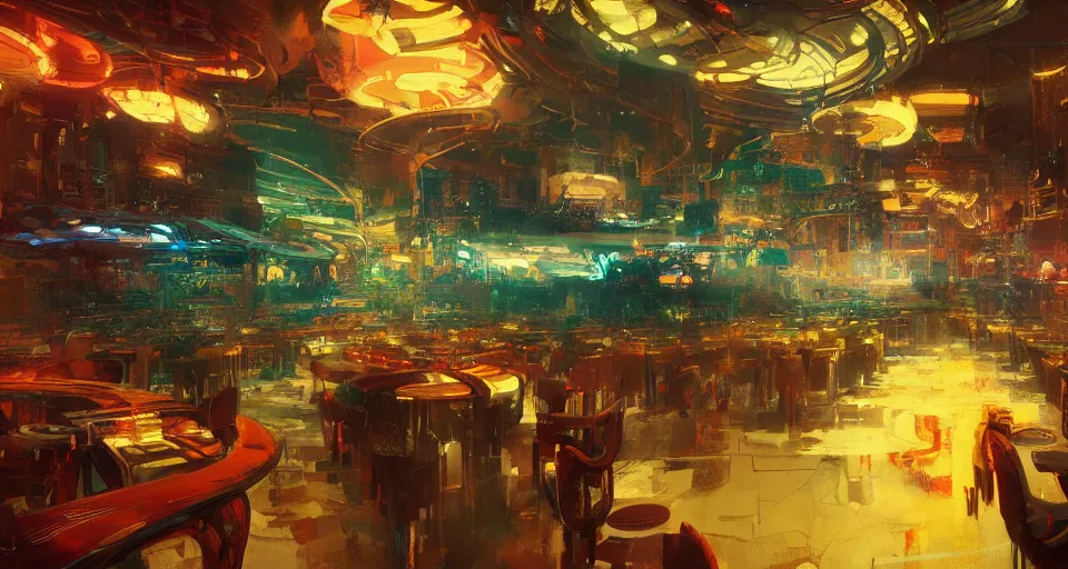 Image similar to futuristic bar interior, intricate, elegant, vivid colors, highly detailed, john park, craig mullins, sparth, ruan jia, jeffrey catherine jones