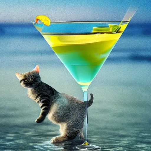 Prompt: photo of a glass of martini with a small cat swimming in the martini, on the beach