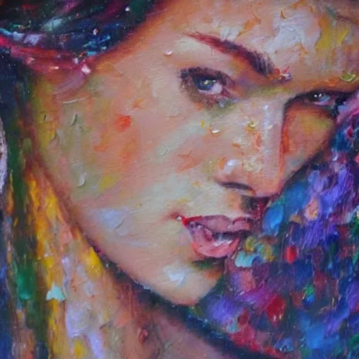 Image similar to oil paint impasto reliefs of beautiful girl in the pouring rain