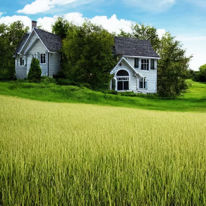 Prompt: Dreamy house in an endless grass field