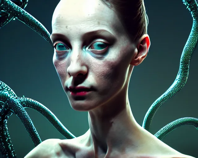 Image similar to lovecraft biopunk portrait of ballerina, fractal background, au naturel, hyper detailed, digital art, trending in artstation, cinematic lighting, studio quality, smooth render, unreal engine 5 rendered, octane rendered, art style by klimt and nixeu and ian sprigger and wlop and krenz cushart.