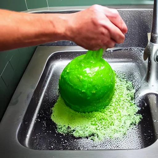 Prompt: plumber pulls ball of green slime out of sink