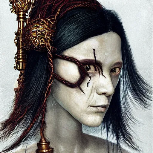 Image similar to portrait of a Shibari rope wrapped face and neck, headshot, insanely nice professional hair style, dramatic hair color, digital painting, of a old 15th century, young cyborg Rubber Nun, amber jewels, baroque, ornate clothing, scifi, realistic, hyperdetailed, chiaroscuro, concept art, art by Franz Hals and Jon Foster and Ayami Kojima and Amano and Karol Bak,