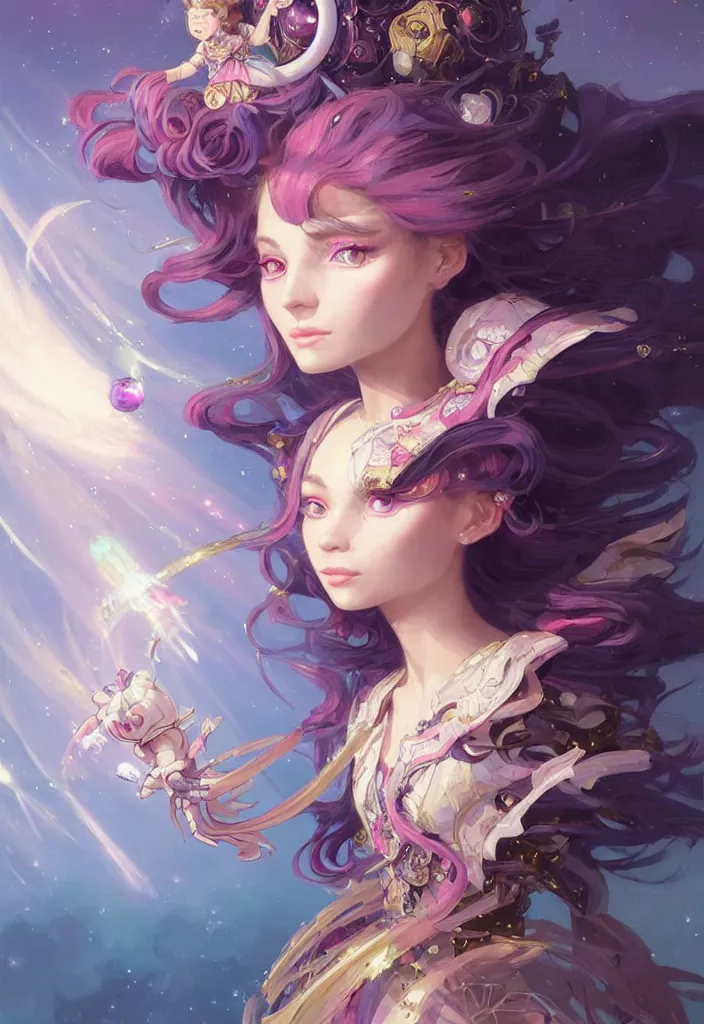 Prompt: close up picture of an maximalist dress magical girl, neat hair with bangs, smug face, extremely beautiful and aesthetic and detailed cute face and eyes, wipe out evils with cute astronaut familiar sprites, aming the magical beams to the camera, chiaroscuro, intricate, masterpiece, epic fantasy illustrations by peter mohrbacher and anato finnstark and jeremy lipking