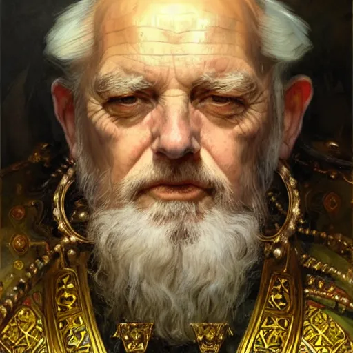 Prompt: highly detailed portrait of a majestic king queen in the form of an old man. d & d. art by donato giancola, eugene delacroix, ruan jia, carl larsson, peter mohrbacher. trending on artstation, intricate details, energetic composition, golden ratio, concept art, illustration, elegant art, global illuminaition
