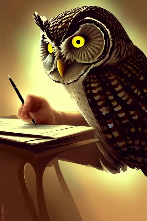 Image similar to An owl falling asleep on his papers he was studying., digital painting, artstation, concept art, soft light, hdri, smooth, sharp focus, illustration, art by tian zi, craig mullins, Mark Arian, WLOP, alphonse mucha