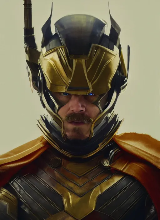 Prompt: Gavin Mcinnes in a battle suit, starring in Thor Ragnarok film, gold suit, sigma male, accurately portrayed, portrait art by alphonse mucha and greg rutkowski, highly detailed, digital painting, concept art, illustration, dim lighting with twilight rays of sunlight, trending on artstation, very detailed, smooth, sharp focus, octane render, close up