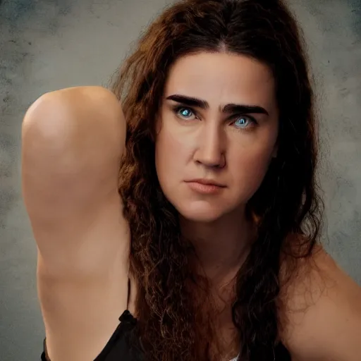 Image similar to overweight young Jennifer Connelly, realistic, photo studio, HDR, 8k, trending on artstation