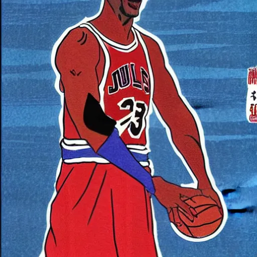 Image similar to Michael Jordan in a samurai suit in the style of ukiyo-e