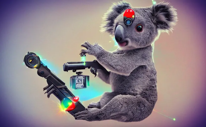 Image similar to “ cute koala with very big eyes, wearing a bandana and chain, holding a laser gun, standing on a desk, digital art, award winning ”