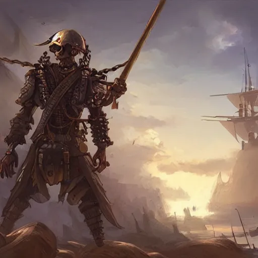 Image similar to pirate robot, sci fi concept art, d & d, concept art, illustration, highly detailed,