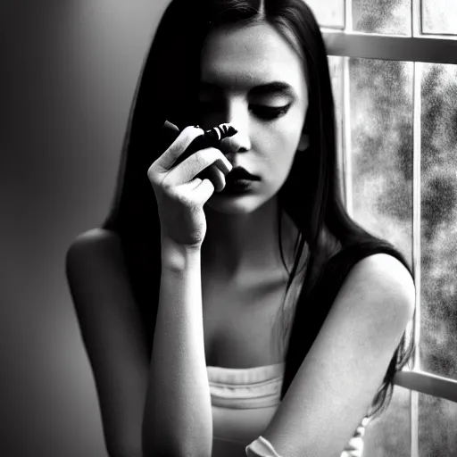 Image similar to black and white fashion photography of highly detailed beautiful depressed Woman with beautiful face, beautiful eyes and beautiful lips in the heroine chique style standing by the window and smoking a cigarette with beautiful hand Rendered in Blender and Octane Render volumetric natural light