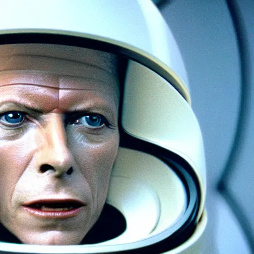 Image similar to film still of David Bowie as David Bowman in 2001 a space odyssey, 4k