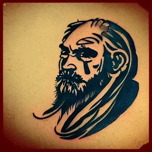 Image similar to tattoo design, stencil, a tarot card of an old man with a beard in the wind