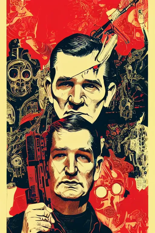 Image similar to Ted Cruz is the zodiac killer, unmasked, horror, slasher, retro cover, high details, intricate details, by vincent di fate, artgerm julie bell beeple, 60s, inking, vintage 60s print, screen print