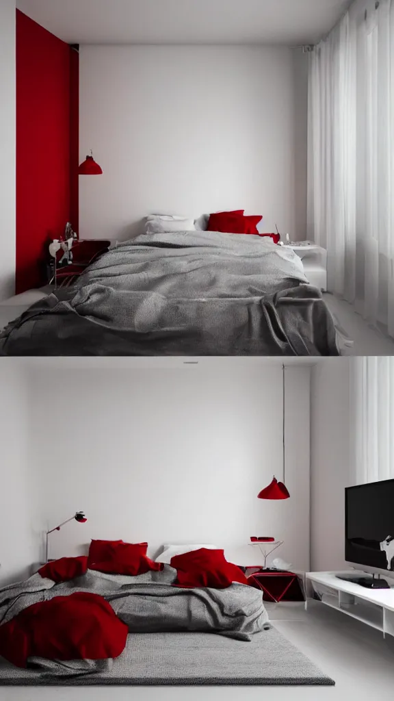 Prompt: minimalistic room, white and red color palette, realistic painting.