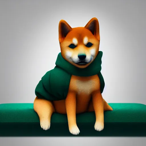 Image similar to a Shiba Inu wearing a green hoodie sitting on a couch, photo, trending on artstation, HDR, nicely detailed, 8k