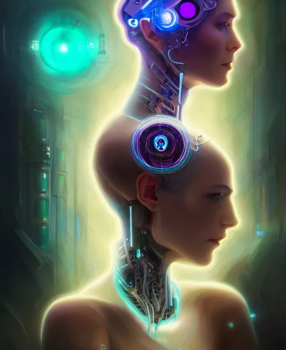 Image similar to a whirlwind of souls rushing inside the metaverse, hologram, half body, neurochip, shaved temple, piercing, jewelry, android, cyborg, cyberpunk face, by loish, d & d, fantasy, intricate, elegant, highly detailed, colorful, digital painting, artstation, concept art, art by artgerm and greg rutkowski and alphonse mucha